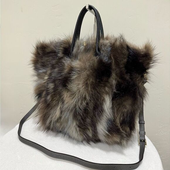 Genuine Fox Fur Handmade Large Tote/Metal Clip & Leather Handles Bag/Crossbody - Picture 3 of 16